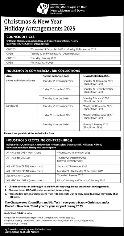 Public Notice- Bin Collection Christmas and New Year Holiday Arrangements 2025